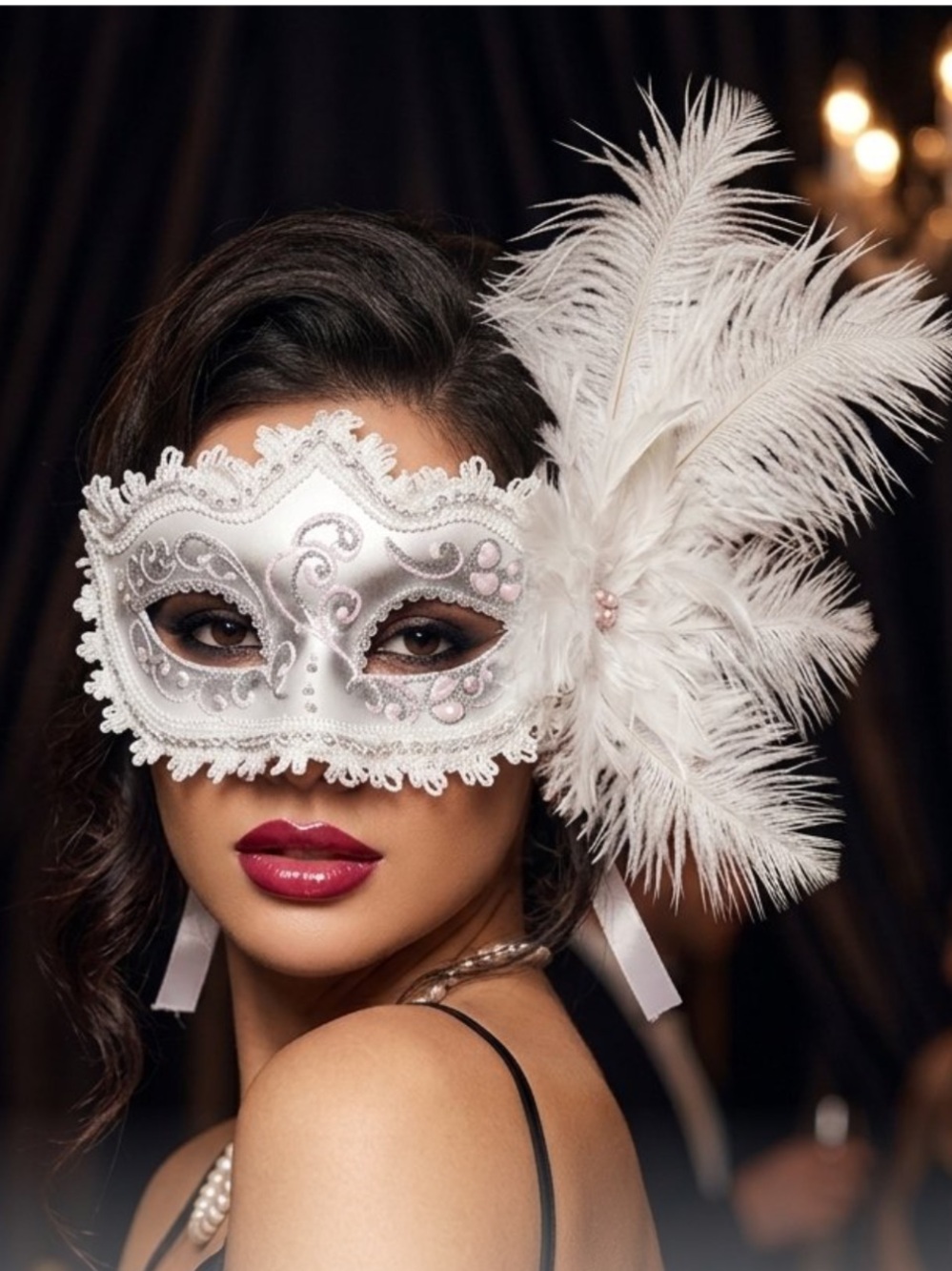 Italian White Feather Venetian Masquerade Mask